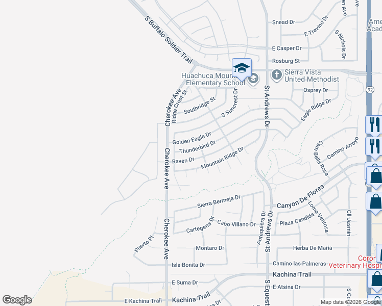 map of restaurants, bars, coffee shops, grocery stores, and more near 2556 Thunderbird Drive in Sierra Vista