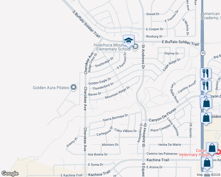 map of restaurants, bars, coffee shops, grocery stores, and more near 2697 Raven Drive in Sierra Vista