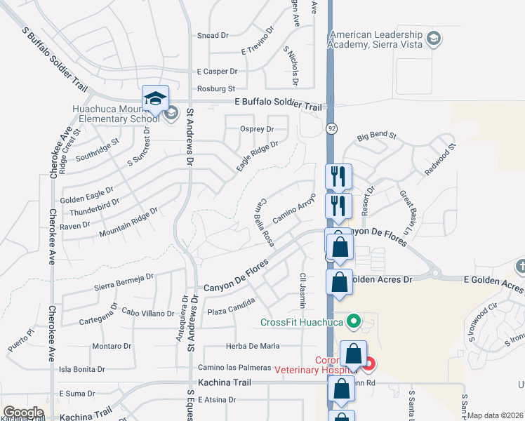 map of restaurants, bars, coffee shops, grocery stores, and more near 3595 Camino Bella Rosa in Sierra Vista