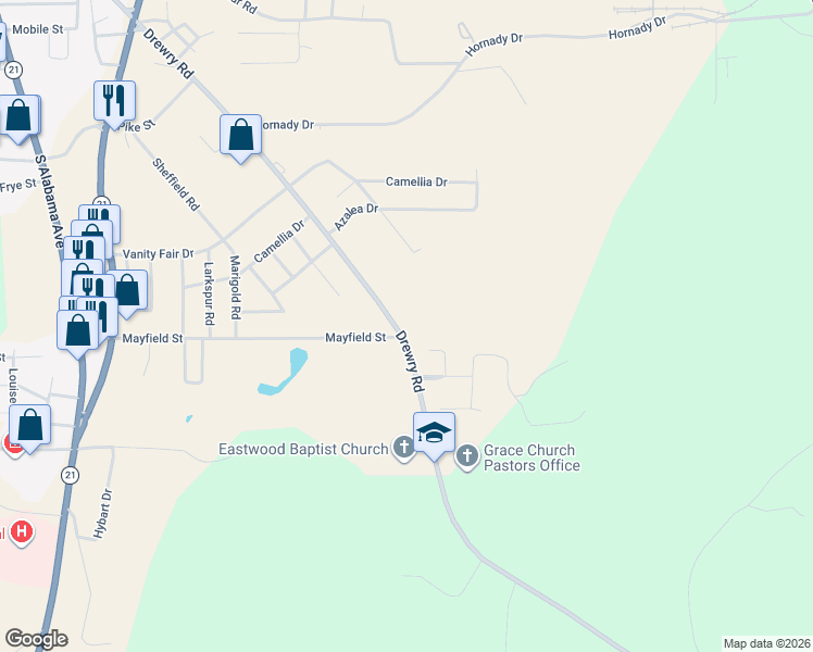 map of restaurants, bars, coffee shops, grocery stores, and more near 1541 Drewry Road in Monroeville