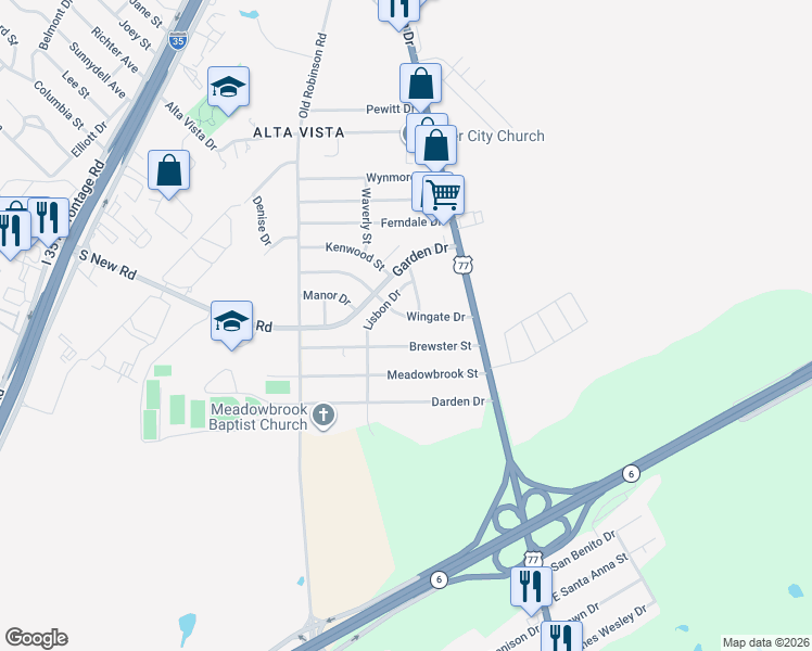 map of restaurants, bars, coffee shops, grocery stores, and more near 3401 Wingate Drive in Waco