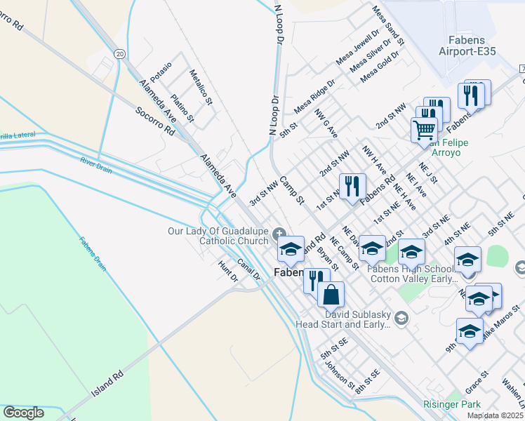 map of restaurants, bars, coffee shops, grocery stores, and more near 327 3rd Street Northwest in Fabens