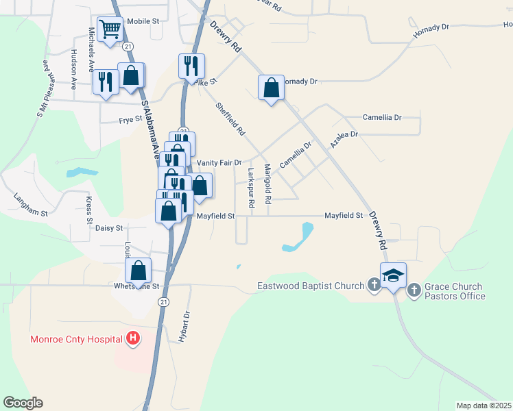 map of restaurants, bars, coffee shops, grocery stores, and more near 150-1701 Larkspur Road in Monroeville