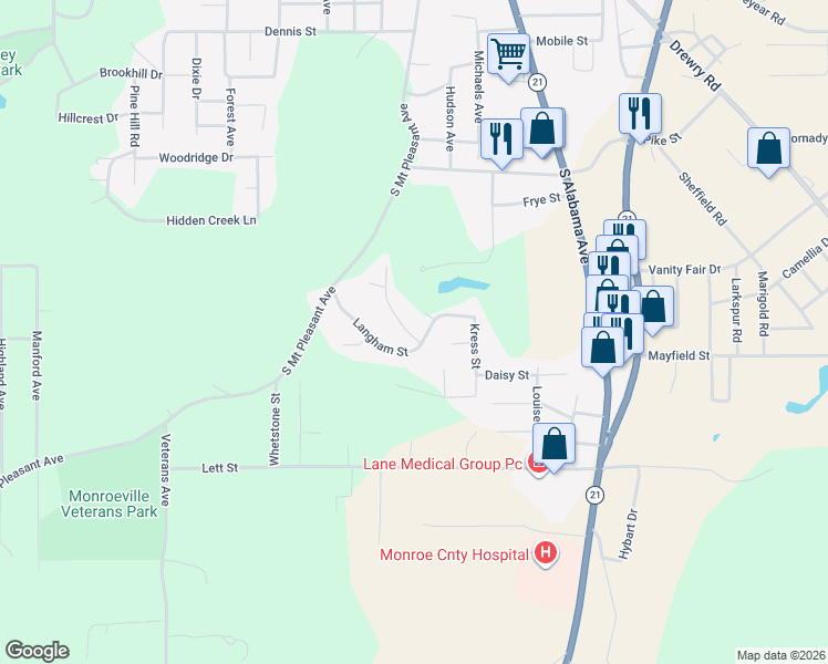map of restaurants, bars, coffee shops, grocery stores, and more near 154 Langham Street in Monroeville