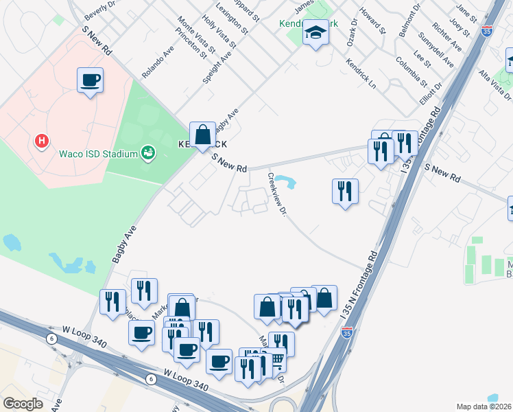 map of restaurants, bars, coffee shops, grocery stores, and more near 2201 Creekview Drive in Waco