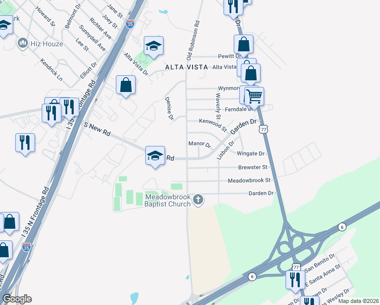 map of restaurants, bars, coffee shops, grocery stores, and more near 3308 North Old Robinson Road in Waco