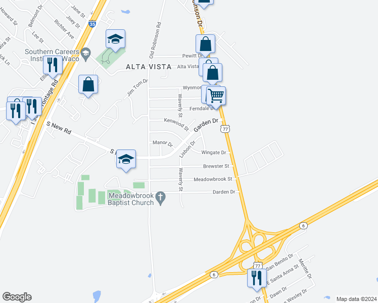 map of restaurants, bars, coffee shops, grocery stores, and more near 3424 Wingate Drive in Waco