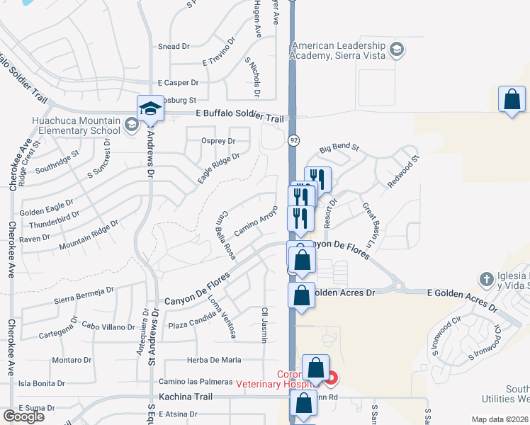 map of restaurants, bars, coffee shops, grocery stores, and more near 3817 Camino Arroyo in Sierra Vista
