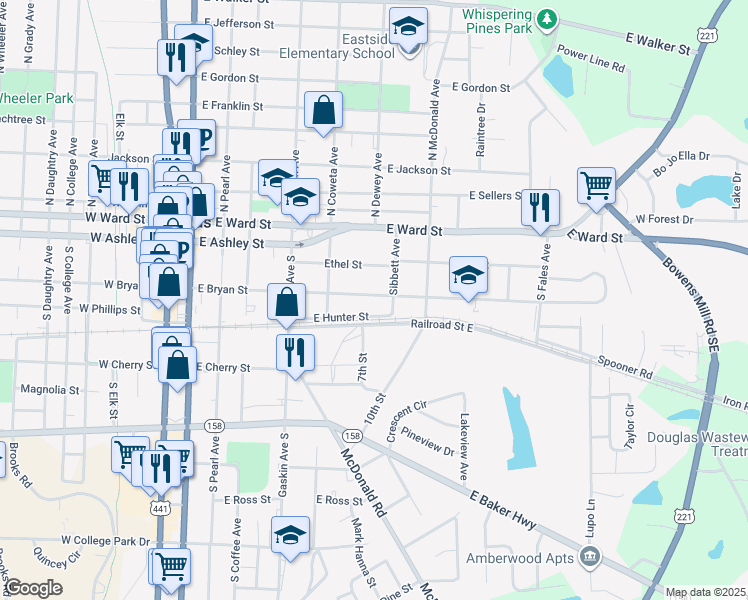 map of restaurants, bars, coffee shops, grocery stores, and more near 628 East Bryan Street in Douglas