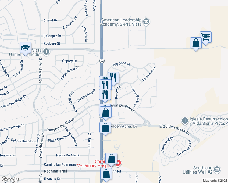 map of restaurants, bars, coffee shops, grocery stores, and more near 3477 Canyon De Flores in Sierra Vista