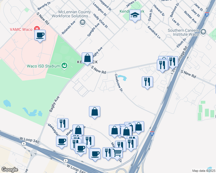 map of restaurants, bars, coffee shops, grocery stores, and more near 1909 South New Road in Waco
