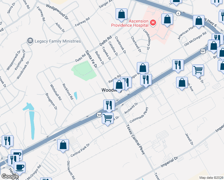map of restaurants, bars, coffee shops, grocery stores, and more near in Woodway