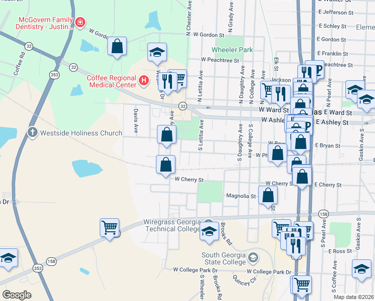 map of restaurants, bars, coffee shops, grocery stores, and more near 901 West Phillips Street in Douglas