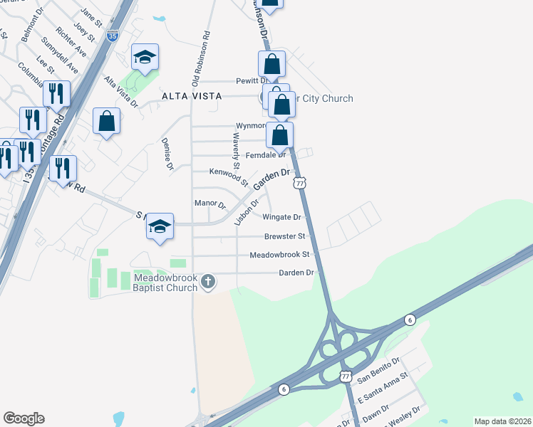 map of restaurants, bars, coffee shops, grocery stores, and more near 3401 Wingate Drive in Waco
