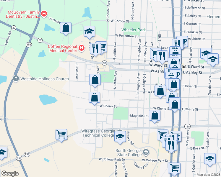 map of restaurants, bars, coffee shops, grocery stores, and more near 901 West Phillips Street in Douglas