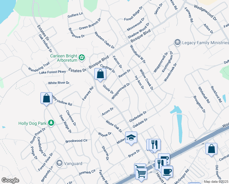 map of restaurants, bars, coffee shops, grocery stores, and more near 8929 Whippoorwill Drive in Waco