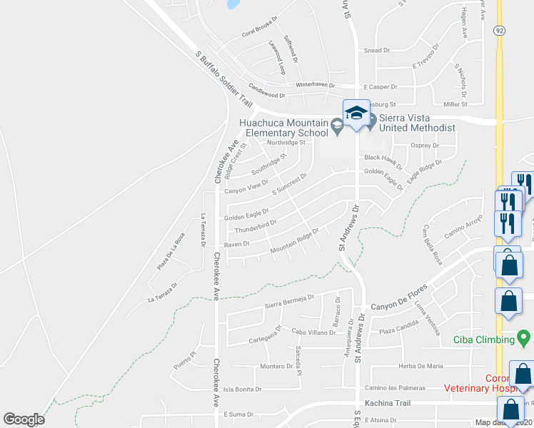 map of restaurants, bars, coffee shops, grocery stores, and more near 2648 Golden Eagle Drive in Sierra Vista