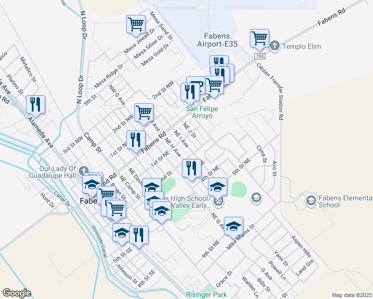 map of restaurants, bars, coffee shops, grocery stores, and more near 208 Northeast I Avenue in Fabens