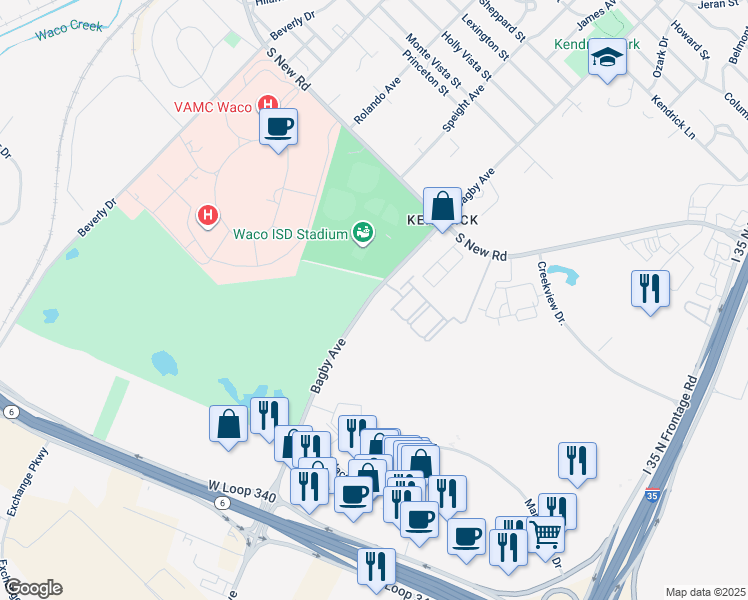 map of restaurants, bars, coffee shops, grocery stores, and more near 5200 Bagby Avenue in Waco