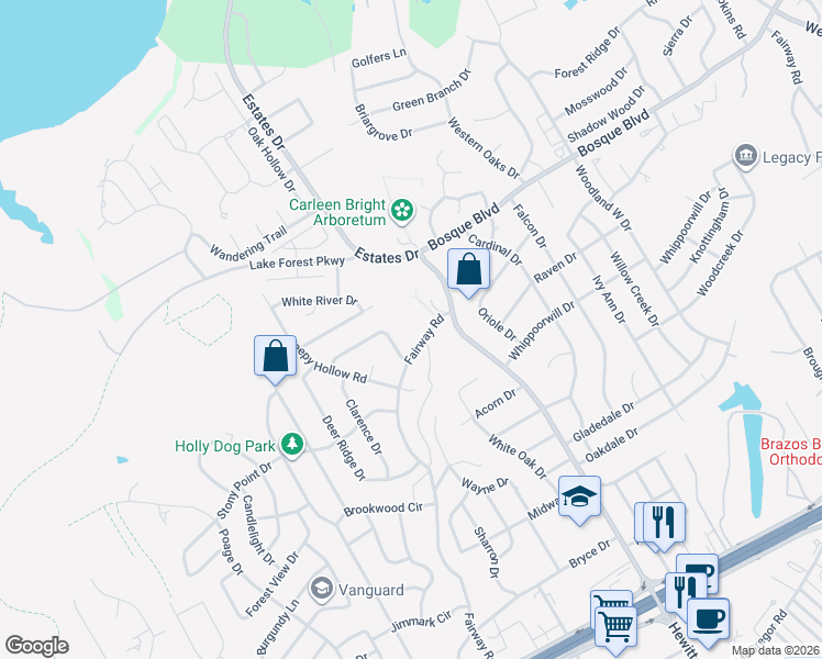 map of restaurants, bars, coffee shops, grocery stores, and more near 1012 Fairway Rd in Waco