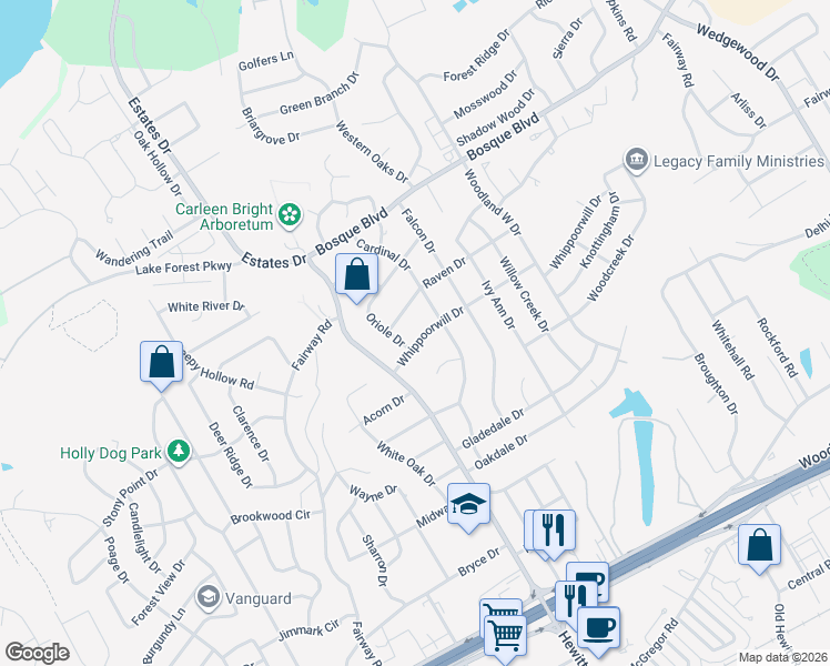 map of restaurants, bars, coffee shops, grocery stores, and more near 8929 Whippoorwill Drive in Waco