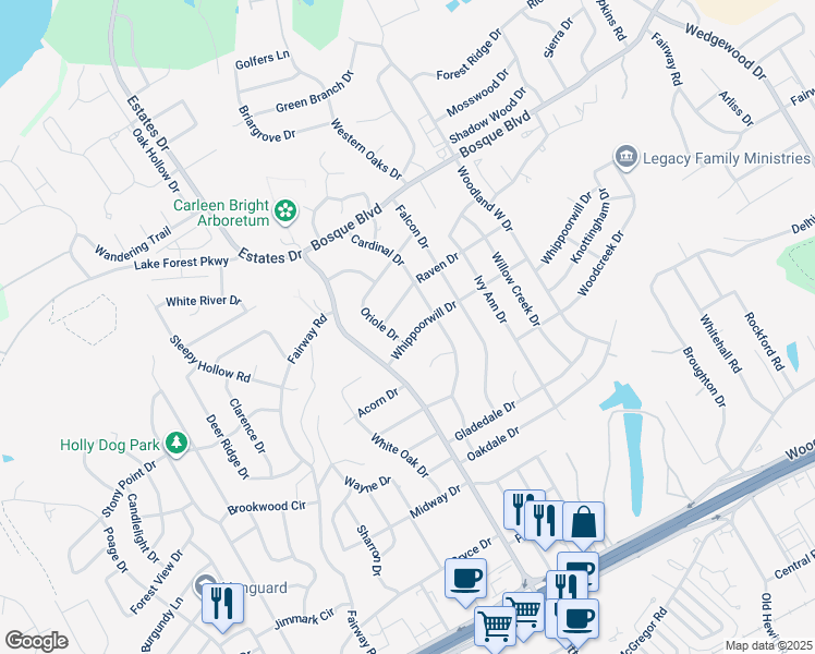map of restaurants, bars, coffee shops, grocery stores, and more near 8929 Whippoorwill Drive in Waco