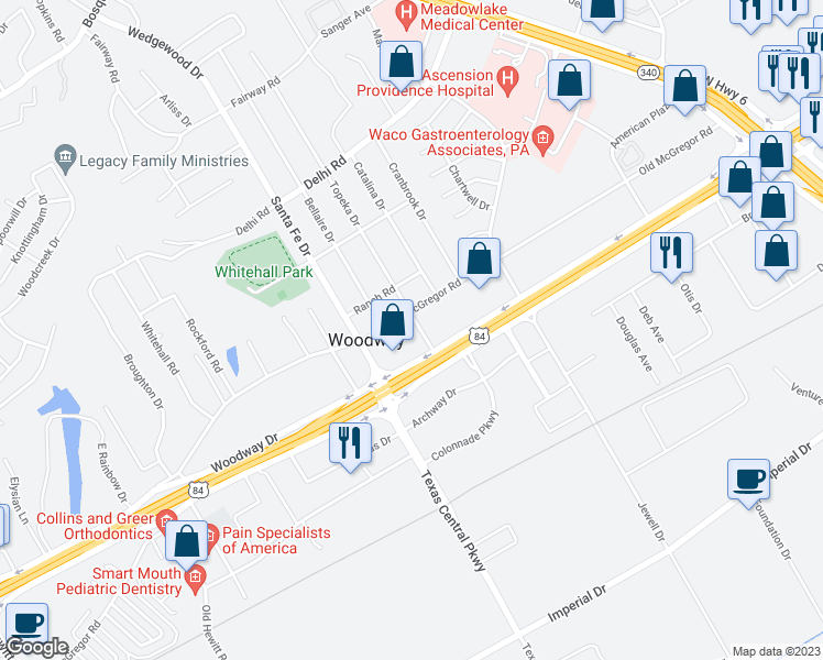 map of restaurants, bars, coffee shops, grocery stores, and more near 116 Topeka Drive in Woodway