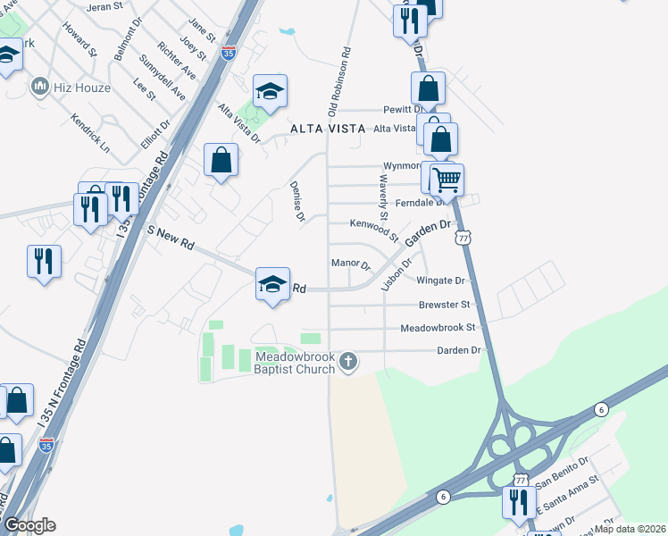 map of restaurants, bars, coffee shops, grocery stores, and more near 3308 North Old Robinson Road in Waco