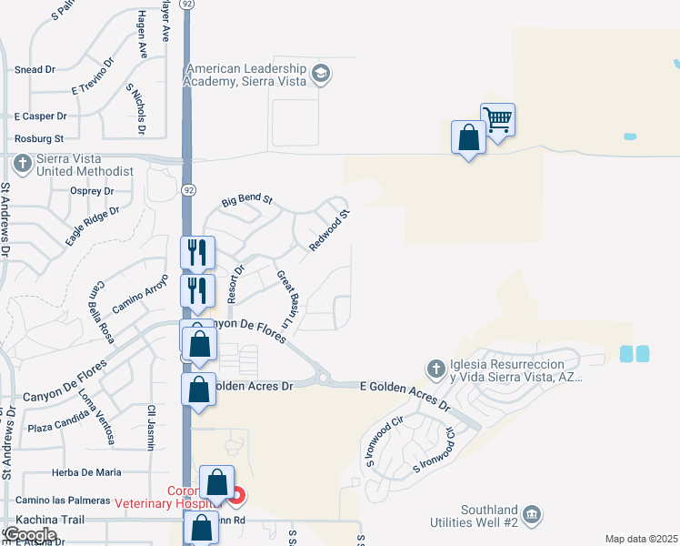 map of restaurants, bars, coffee shops, grocery stores, and more near 4652 Tranquility Street in Sierra Vista