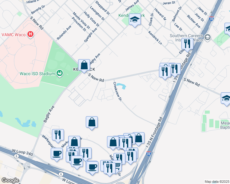 map of restaurants, bars, coffee shops, grocery stores, and more near 4600 South New Road in Waco
