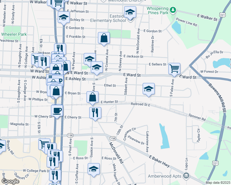 map of restaurants, bars, coffee shops, grocery stores, and more near 628 East Bryan Street in Douglas