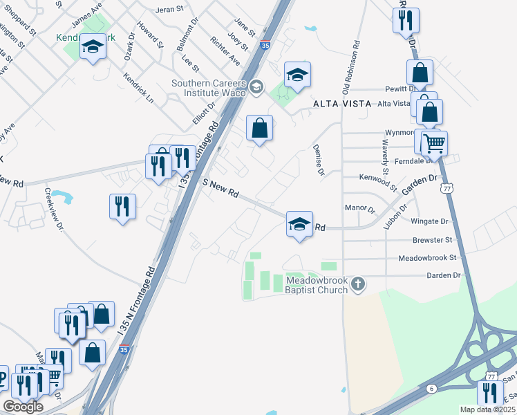 map of restaurants, bars, coffee shops, grocery stores, and more near 3001 South New Road in Waco