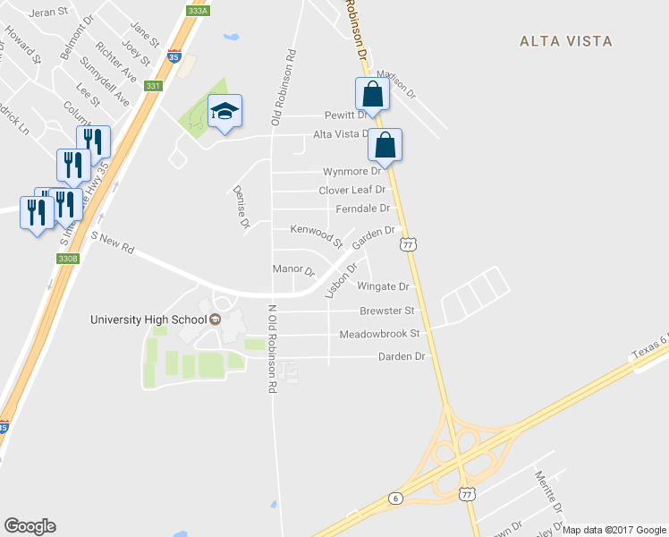 map of restaurants, bars, coffee shops, grocery stores, and more near 3600 Garden Drive in Waco