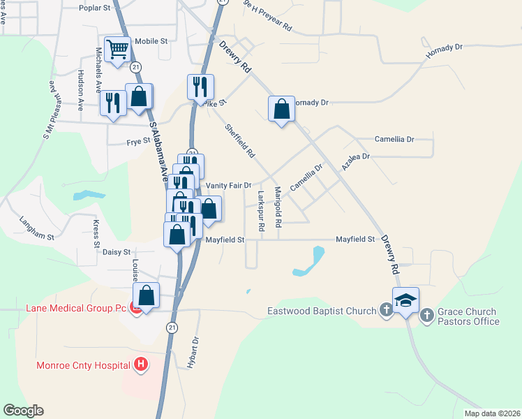 map of restaurants, bars, coffee shops, grocery stores, and more near 150-1701 Larkspur Road in Monroeville