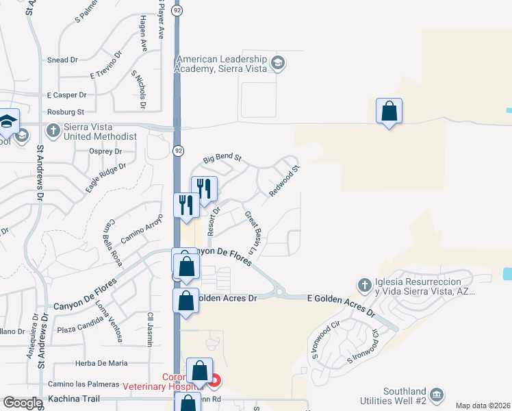 map of restaurants, bars, coffee shops, grocery stores, and more near 4444 Resort Drive in Sierra Vista