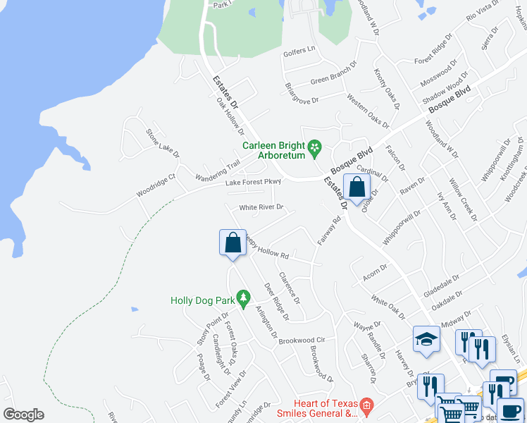 map of restaurants, bars, coffee shops, grocery stores, and more near 1308 White River Drive in Woodway