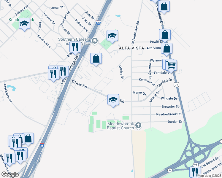 map of restaurants, bars, coffee shops, grocery stores, and more near 3100 South New Road in Waco