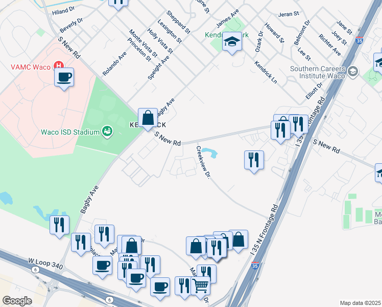 map of restaurants, bars, coffee shops, grocery stores, and more near 2201 Creekview Drive in Waco