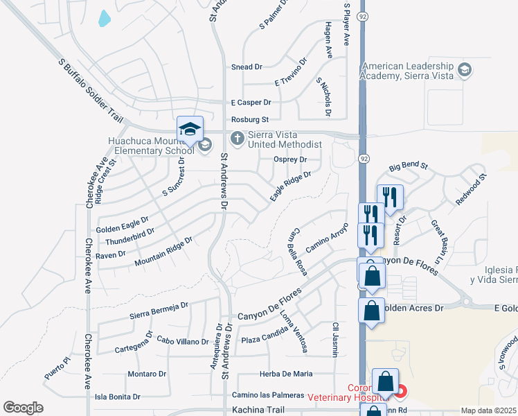 map of restaurants, bars, coffee shops, grocery stores, and more near 3395 Thunderbird Drive in Sierra Vista
