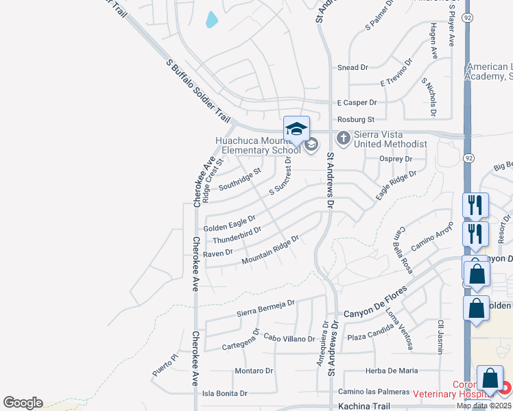 map of restaurants, bars, coffee shops, grocery stores, and more near 2734 South Suncrest Drive in Sierra Vista