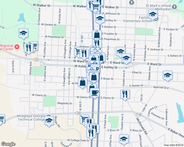 map of restaurants, bars, coffee shops, grocery stores, and more near 1360 West Gordon Street in Douglas