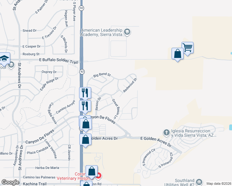map of restaurants, bars, coffee shops, grocery stores, and more near 4444 Resort Drive in Sierra Vista