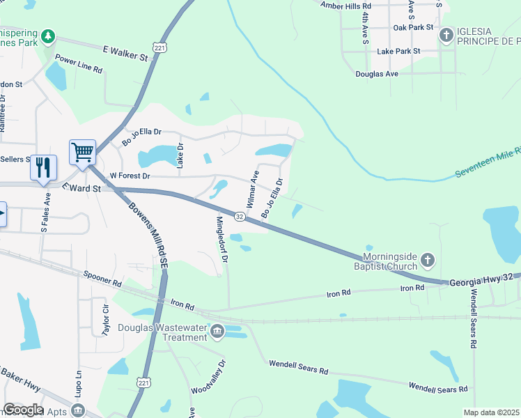 map of restaurants, bars, coffee shops, grocery stores, and more near 105 Bo Jo Ella Drive in Douglas