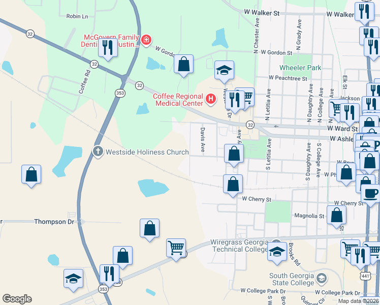 map of restaurants, bars, coffee shops, grocery stores, and more near Cherokee Avenue in Douglas
