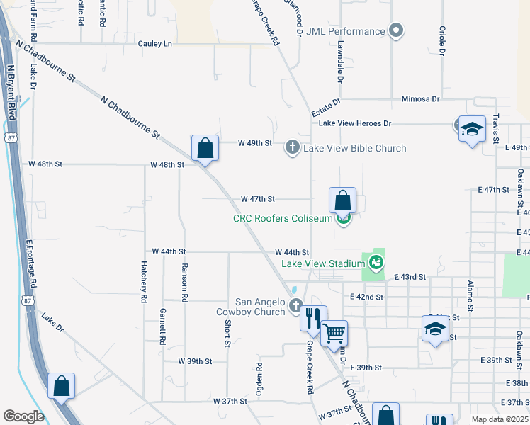 map of restaurants, bars, coffee shops, grocery stores, and more near 333-399 West 47th Street in San Angelo