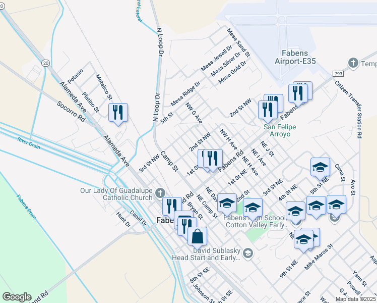 map of restaurants, bars, coffee shops, grocery stores, and more near 229 West 2nd Street in Fabens