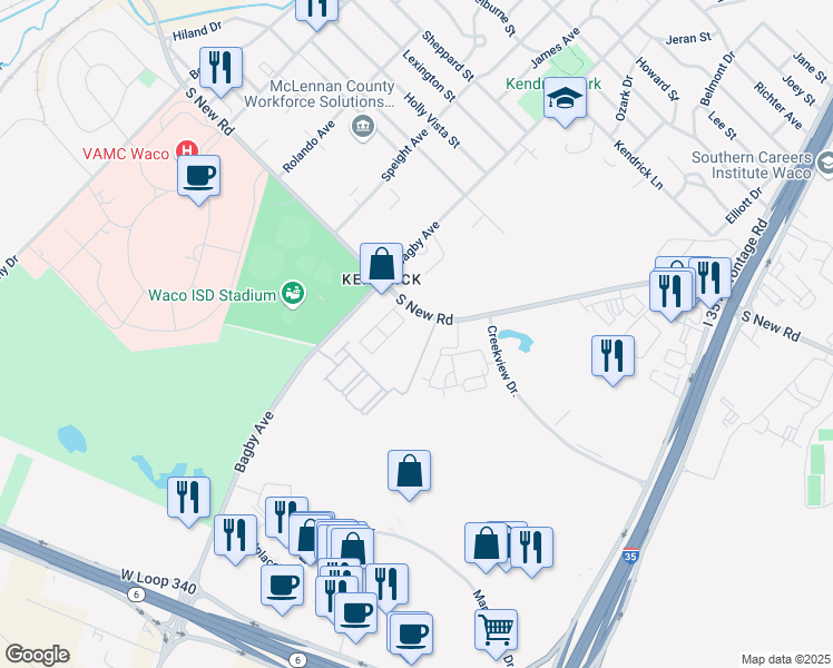 map of restaurants, bars, coffee shops, grocery stores, and more near 1909 South New Road in Waco