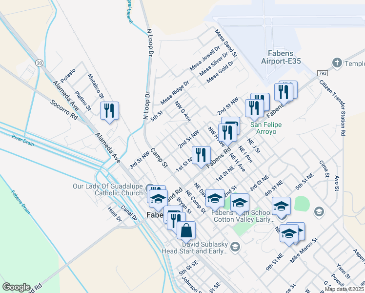 map of restaurants, bars, coffee shops, grocery stores, and more near 229 West 2nd Street in Fabens