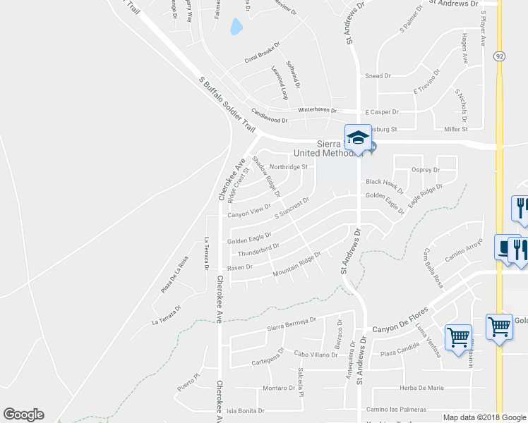 map of restaurants, bars, coffee shops, grocery stores, and more near 2648 East Canyon View Drive in Sierra Vista