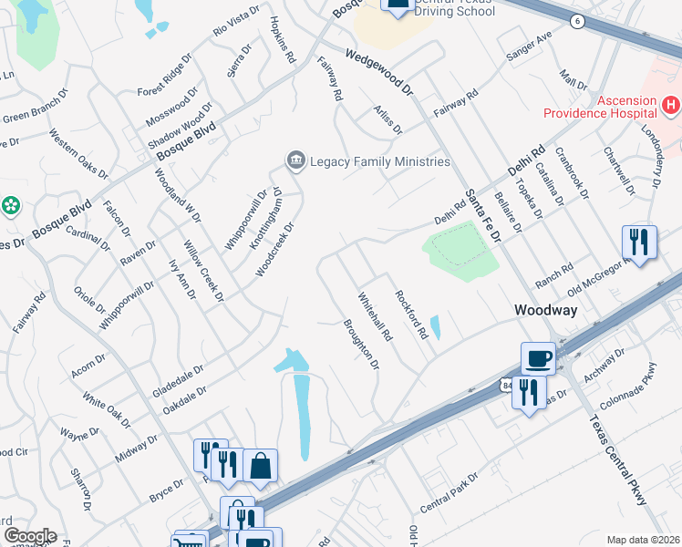 map of restaurants, bars, coffee shops, grocery stores, and more near 435 Broughton Drive in Waco